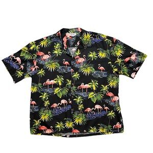 Pacific Legend Hawaiian Shirt Flamingo Palm Tree Black Cotton Men's 3XL